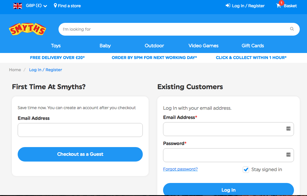 Smyths Toys Guest Checkout Option