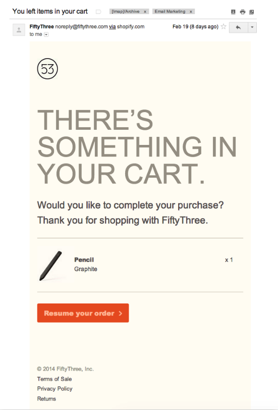 Fifty Three There's Something In Your Cart abandoned email