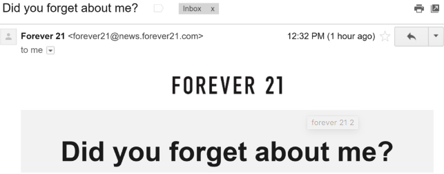 Forever 21 Cart Abandonment Email Subject Line