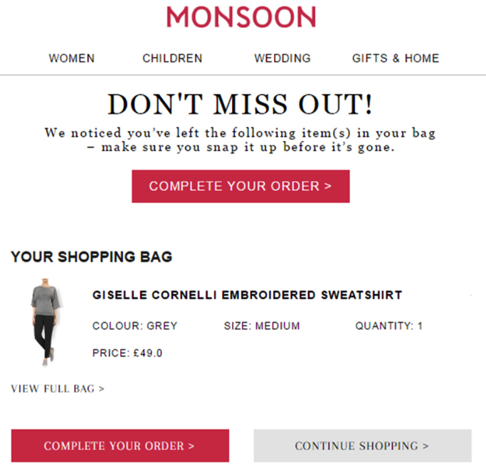 Monsoon Don't Miss Out Cart Abandonment Email