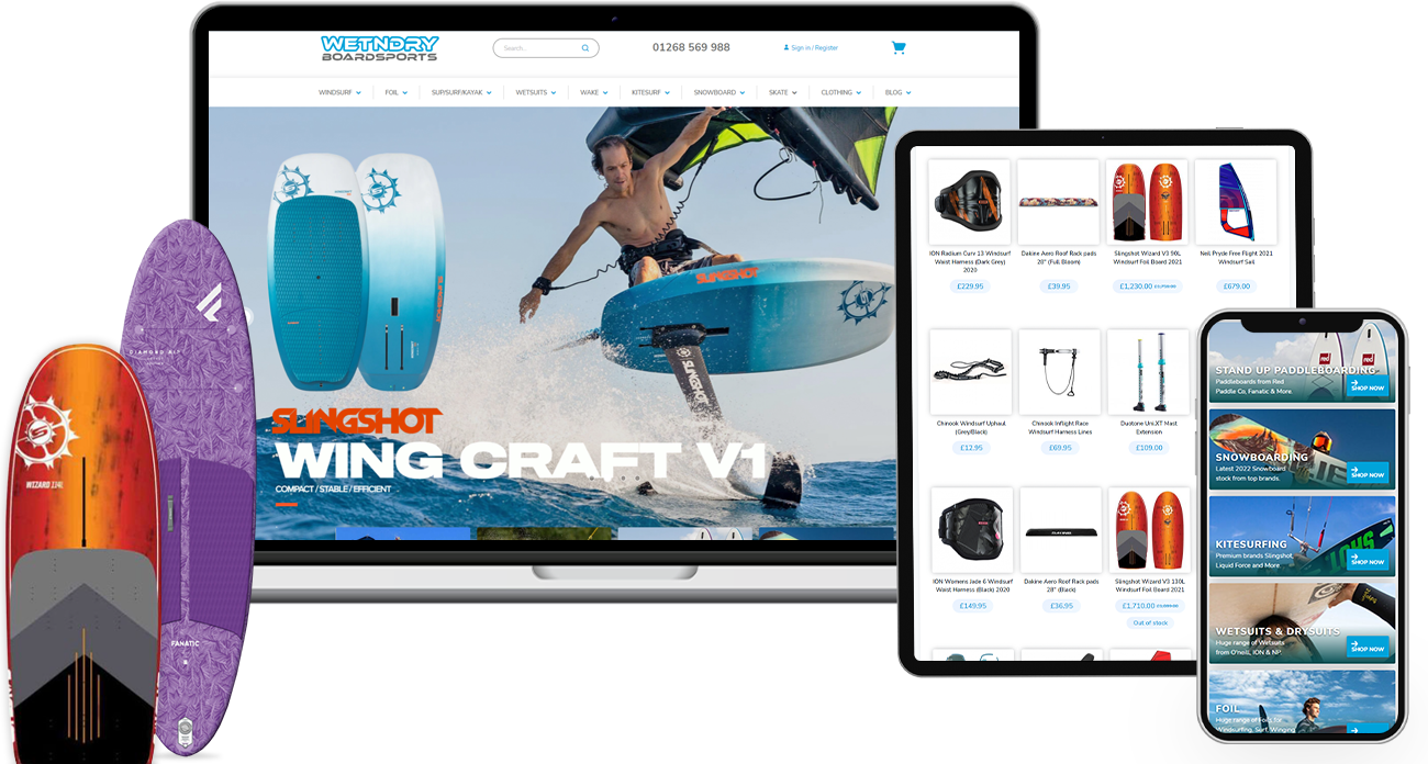 Wet n Dry Boardsports Magento Ecommerce website on mobile and tablet devices and desktop